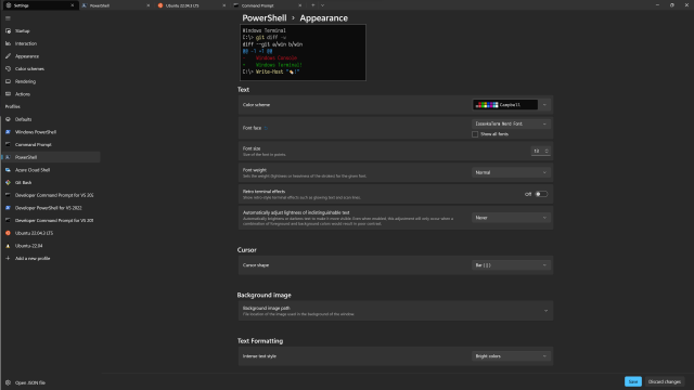 Customizing the appearance of PowerShell in the Windows Terminal application settings.