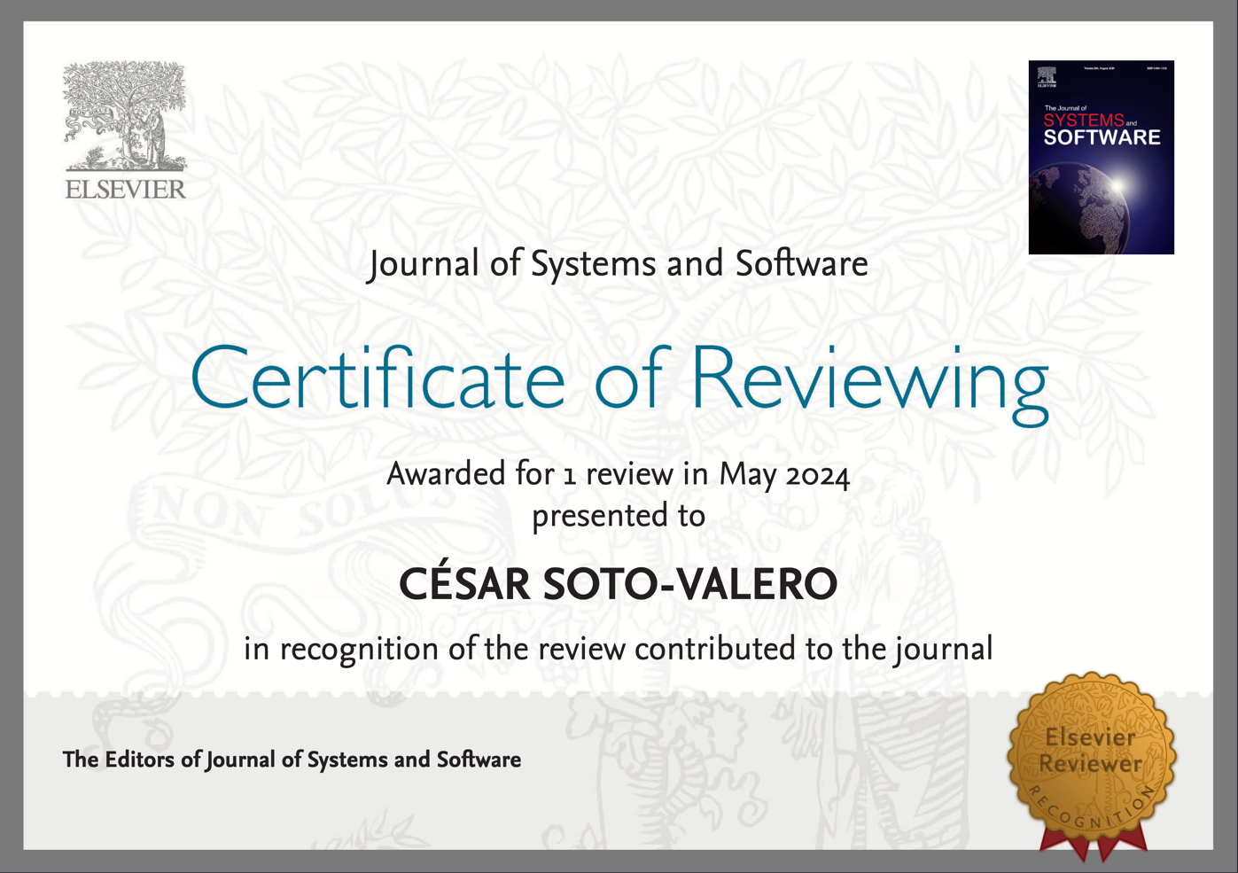 Reviewer Certificate Journal of Systems and Software 2024